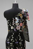 Asymmetrical One Shoulder Black Floral Embroidery Mermaid Long Wedding Guest Dress