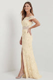 Off The Shoulder Embroidered Sheath Daffodil Long Floral Dress with Slit