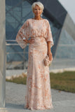 Champagne Sheath Mother Of the Bride Dress Ruched Bateau Neck Floral Long Wedding Guest Dress with Half Sleeves