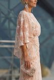 Champagne Bateau Neck Sheath Floral Long Mother Of the Bride Dress
