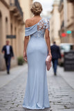 Light Blue One Shoulder Sheath Ruched Long Mother Of the Bride Dress with 3D Flowers