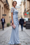 Light Blue One Shoulder Sheath Ruched Long Mother Of the Bride Dress with 3D Flowers