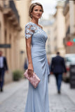 Light Blue One Shoulder Sheath Ruched Long Mother Of the Bride Dress with 3D Flowers