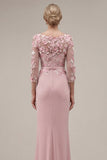Blush Velvet Sheath Bateau Neck Appliqued Long Mother Of the Bride Dress with 3D Flowers