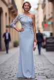 One Shoulder Light Blue Sheath Appliqued Floral Long Mother Of the Bride Dress