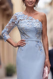 One Shoulder Light Blue Sheath Appliqued Floral Long Mother Of the Bride Dress