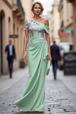 Green Sheath One Shoulder Appliqued Floral Long Mother Of the Bride Dress