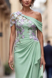 Green Sheath One Shoulder Appliqued Floral Long Mother Of the Bride Dress