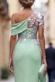 Green Sheath One Shoulder Appliqued Floral Long Mother Of the Bride Dress