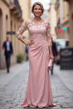 Blush Sheath Bateau Neck Floral Ruched Long Mother Of the Bride Dress with Appliques
