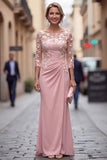 Blush Sheath Bateau Neck Floral Ruched Long Mother Of the Bride Dress with Appliques