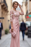 Blush Sheath Bateau Neck Floral Ruched Long Mother Of the Bride Dress with Appliques