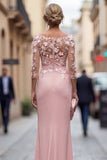 Blush Sheath Bateau Neck Floral Ruched Long Mother Of the Bride Dress with Appliques