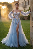 Light Blue Tulle Sweetheart A-Line Floral Appliqued Sweep Train Prom Dress with Slit