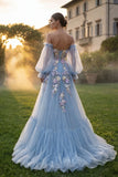 Light Blue Tulle Sweetheart A-Line Floral Appliqued Sweep Train Prom Dress with Slit