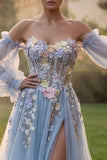 Light Blue Tulle Sweetheart A-Line Floral Appliqued Sweep Train Prom Dress with Slit
