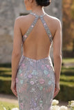 Silver Flower Tulle Mermaid Halter Neck Long Prom Dress with 3D Flower