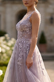 Grey Purple Tulle A-Line Floral Appliqued Covered Button Long Prom Dress