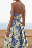 Blue Daffodil Flower A-Line Strapless Floral Printed Ruched Long Wedding Guest Dress