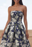 Blue Daffodil Flower A-Line Strapless Floral Printed Ruched Long Wedding Guest Dress