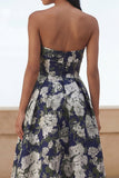 Blue Daffodil Flower A-Line Strapless Floral Printed Ruched Long Wedding Guest Dress