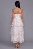 White Pink Flower Tiered A-Line Spaghetti Straps Long Floral Dress