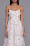 White Pink Flower Tiered A-Line Spaghetti Straps Long Floral Dress