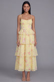 White Pink Flower Tiered A-Line Spaghetti Straps Long Floral Dress