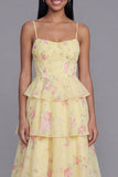 White Pink Flower Tiered A-Line Spaghetti Straps Long Floral Dress