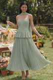 A-Line Dusty Sage Strapless Pleated Ruched Ruffled Maxi Wedding Guest Dress with Neck Scarf