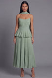 A-Line Dusty Sage Strapless Pleated Ruched Ruffled Maxi Wedding Guest Dress with Neck Scarf
