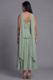 A-Line Dusty Sage Strapless Pleated Ruched Ruffled Maxi Wedding Guest Dress with Neck Scarf