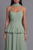 A-Line Dusty Sage Strapless Pleated Ruched Ruffled Maxi Wedding Guest Dress with Neck Scarf