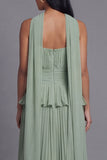 A-Line Dusty Sage Strapless Pleated Ruched Ruffled Maxi Wedding Guest Dress with Neck Scarf