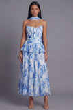 A-Line Dusty Sage Strapless Pleated Ruched Ruffled Maxi Wedding Guest Dress with Neck Scarf