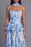 A-Line Dusty Sage Strapless Pleated Ruched Ruffled Maxi Wedding Guest Dress with Neck Scarf