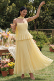 A-Line Dusty Sage Strapless Pleated Ruched Ruffled Maxi Wedding Guest Dress with Neck Scarf