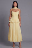 A-Line Dusty Sage Strapless Pleated Ruched Ruffled Maxi Wedding Guest Dress with Neck Scarf
