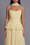 A-Line Dusty Sage Strapless Pleated Ruched Ruffled Maxi Wedding Guest Dress with Neck Scarf