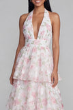 Blue Pink Flower Halter Neck Tiered Ruched Long Floral Dress with Bow