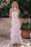 Chiffon White Pink Flower Strapless Sheath Ruffled Long Wedding Guest Dress with Neck Scarf