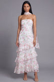Chiffon White Pink Flower Strapless Sheath Ruffled Long Wedding Guest Dress with Neck Scarf
