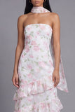 Chiffon White Pink Flower Strapless Sheath Ruffled Long Wedding Guest Dress with Neck Scarf