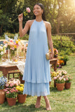 Halter Neck A-Line Sky Blue Pleated Maxi Wedding Guest Dress with Bow