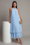 Halter Neck A-Line Sky Blue Pleated Maxi Wedding Guest Dress with Bow