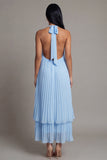Halter Neck A-Line Sky Blue Pleated Maxi Wedding Guest Dress with Bow