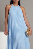 Halter Neck A-Line Sky Blue Pleated Maxi Wedding Guest Dress with Bow
