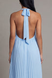 Halter Neck A-Line Sky Blue Pleated Maxi Wedding Guest Dress with Bow
