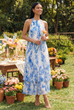 Halter Neck A-Line Sky Blue Pleated Maxi Wedding Guest Dress with Bow