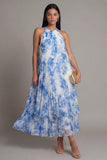 Halter Neck A-Line Sky Blue Pleated Maxi Wedding Guest Dress with Bow